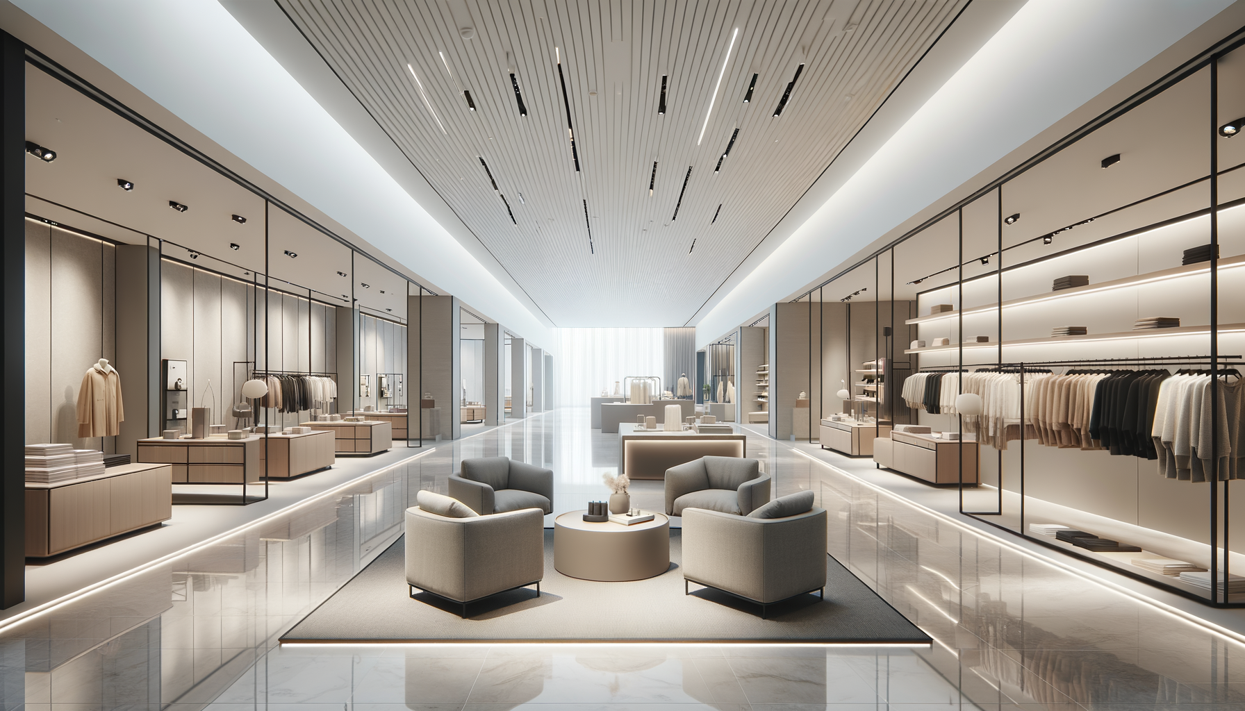 Modern clothing store interior with racks of clothes, a seating area with four armchairs around a round coffee table, and soft lighting.