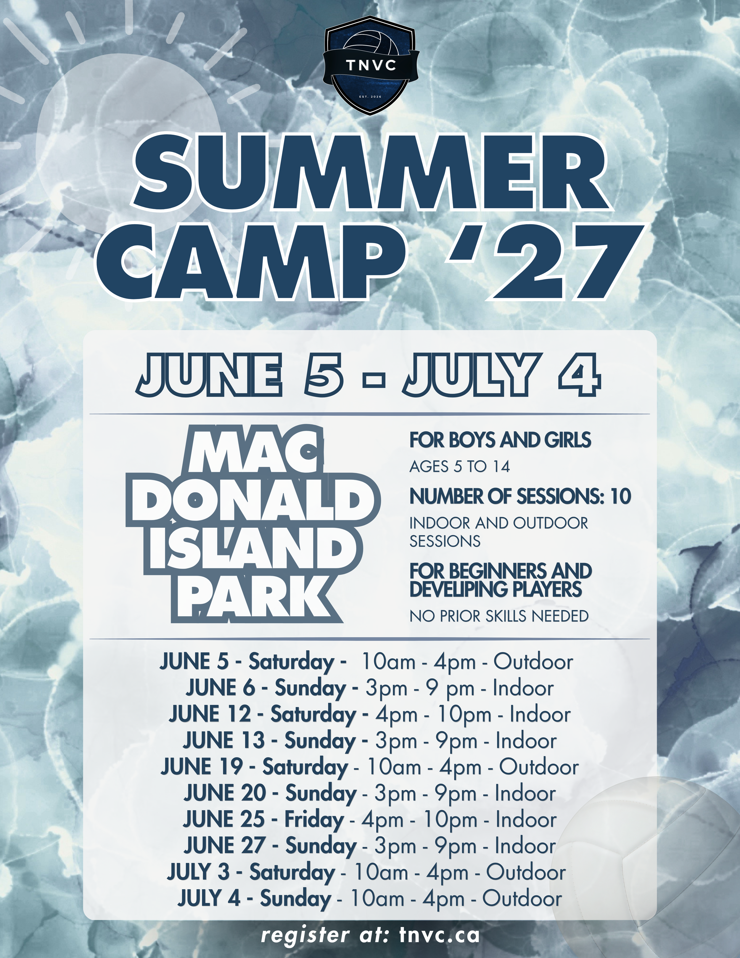 Summer camp flyer with dates, times, and location details, featuring a blue ice/water background, a badge logo at the top, and information about various activities for children ages 5 to 14.