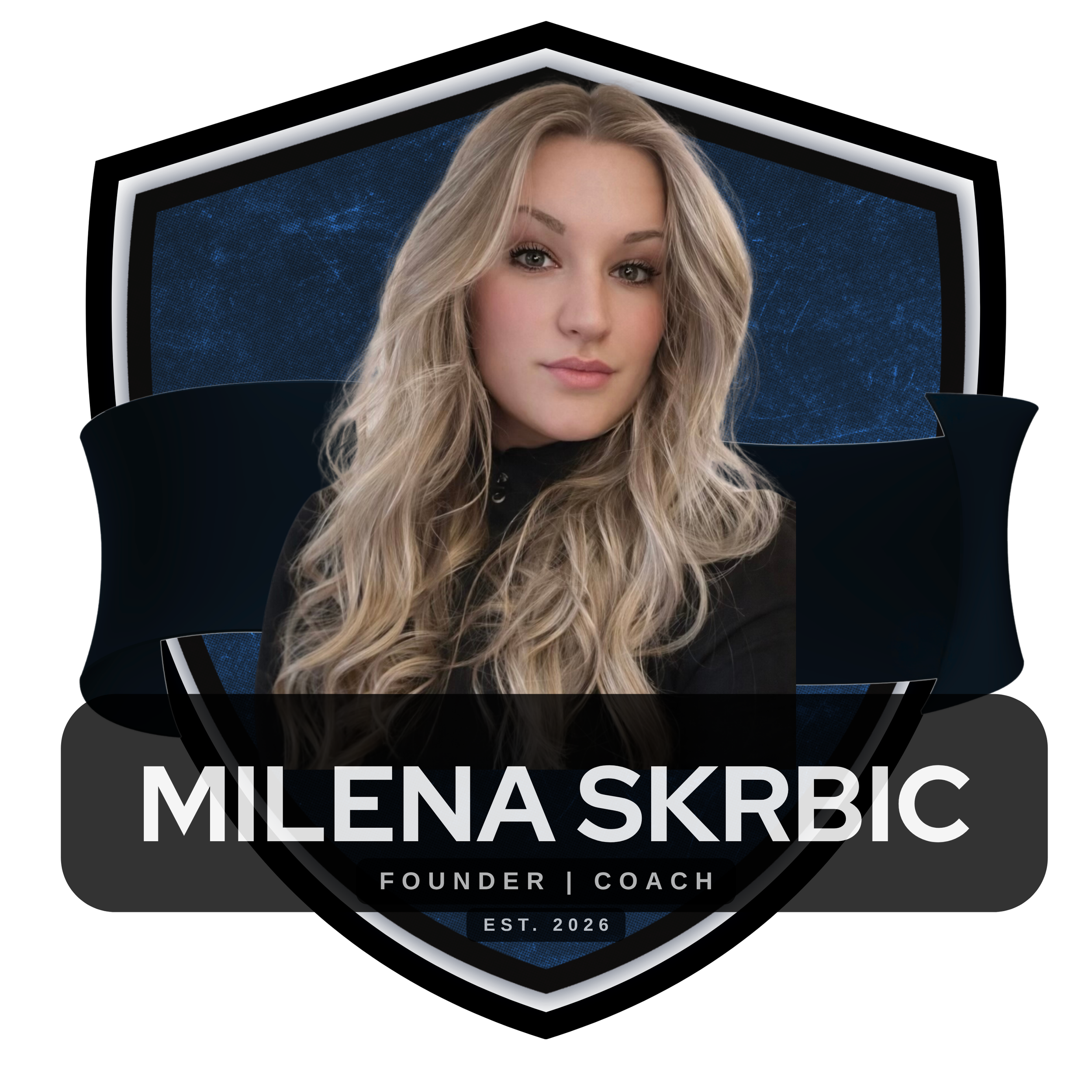 A professional logo featuring a portrait of a blonde woman with long wavy hair, set against a blue background inside a shield design. The logo includes the text 'Milena Skrbic' in bold white letters, with additional text 'Founder | Coach' and 'Est. 2026' below.
