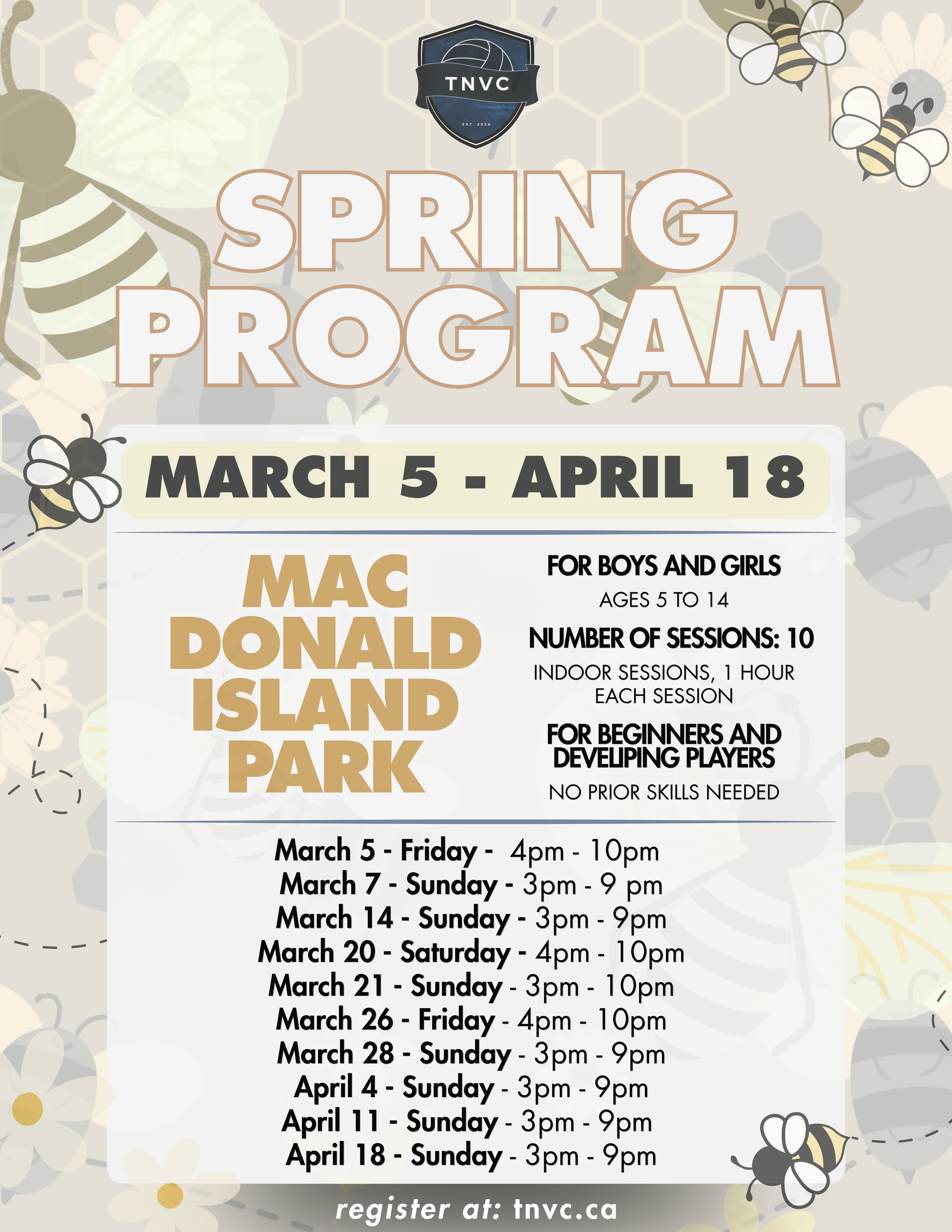 Spring program schedule for March and April, including dates, times, activities, and registration info, decorated with bees and honeycomb pattern.
