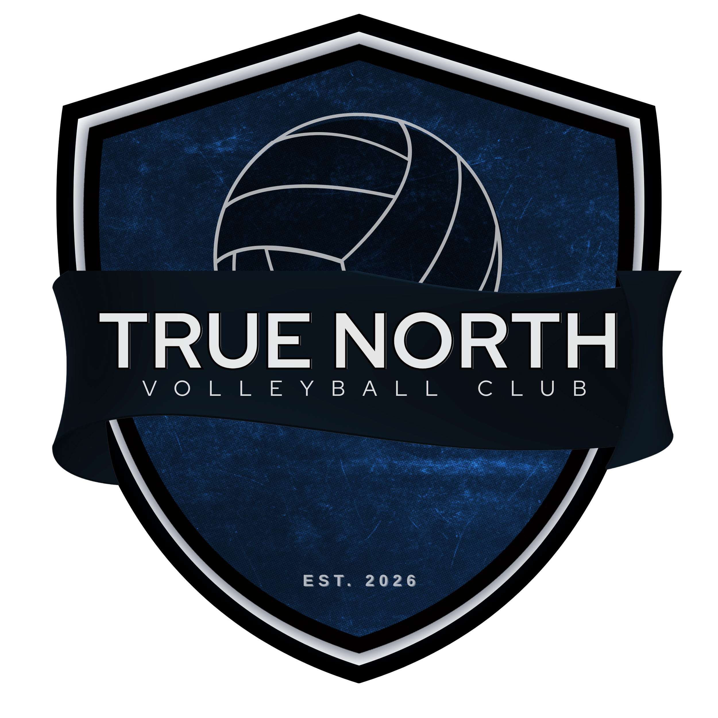 Logo of True North Volleyball Club featuring a shield with a volleyball graphic, a black banner with club name, established in 2026.