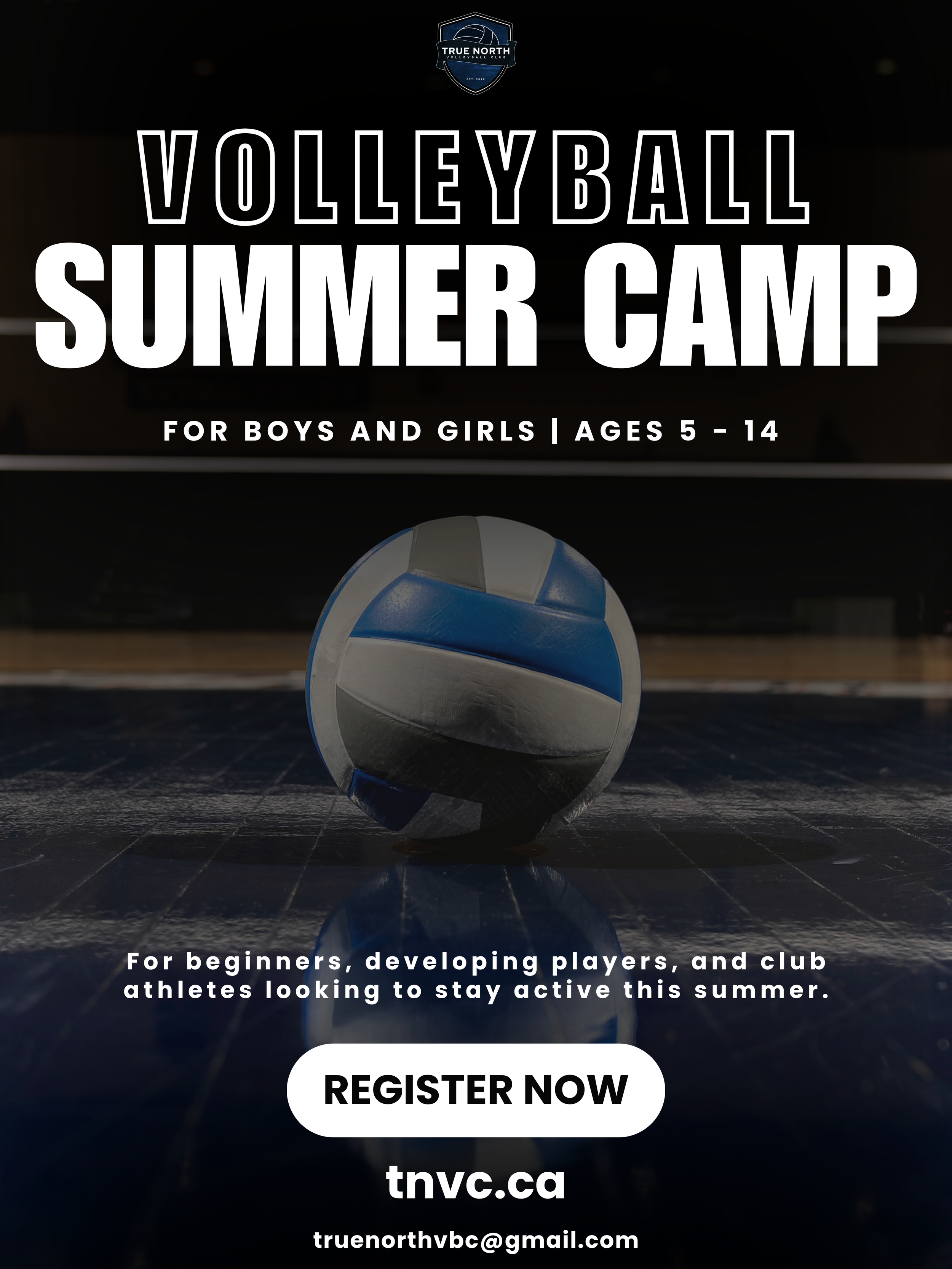 A poster promoting a summer volleyball camp organized by True North Volleyball Club, for children ages 5 to 14, with a volleyball on a court and a header logo of the club.