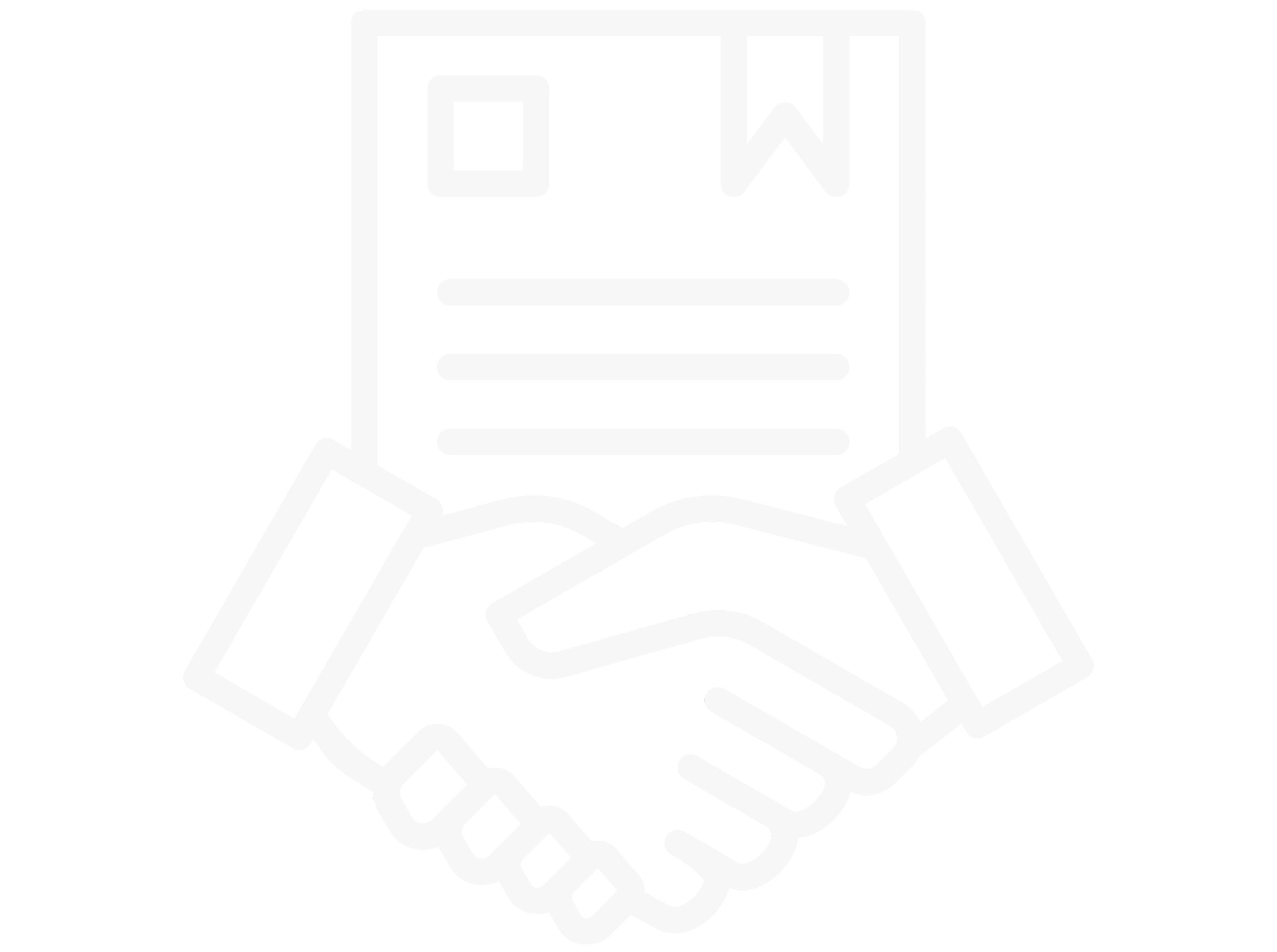 Line drawing of a hand holding an open book, with a piece of paper and a pen also held in the hand.