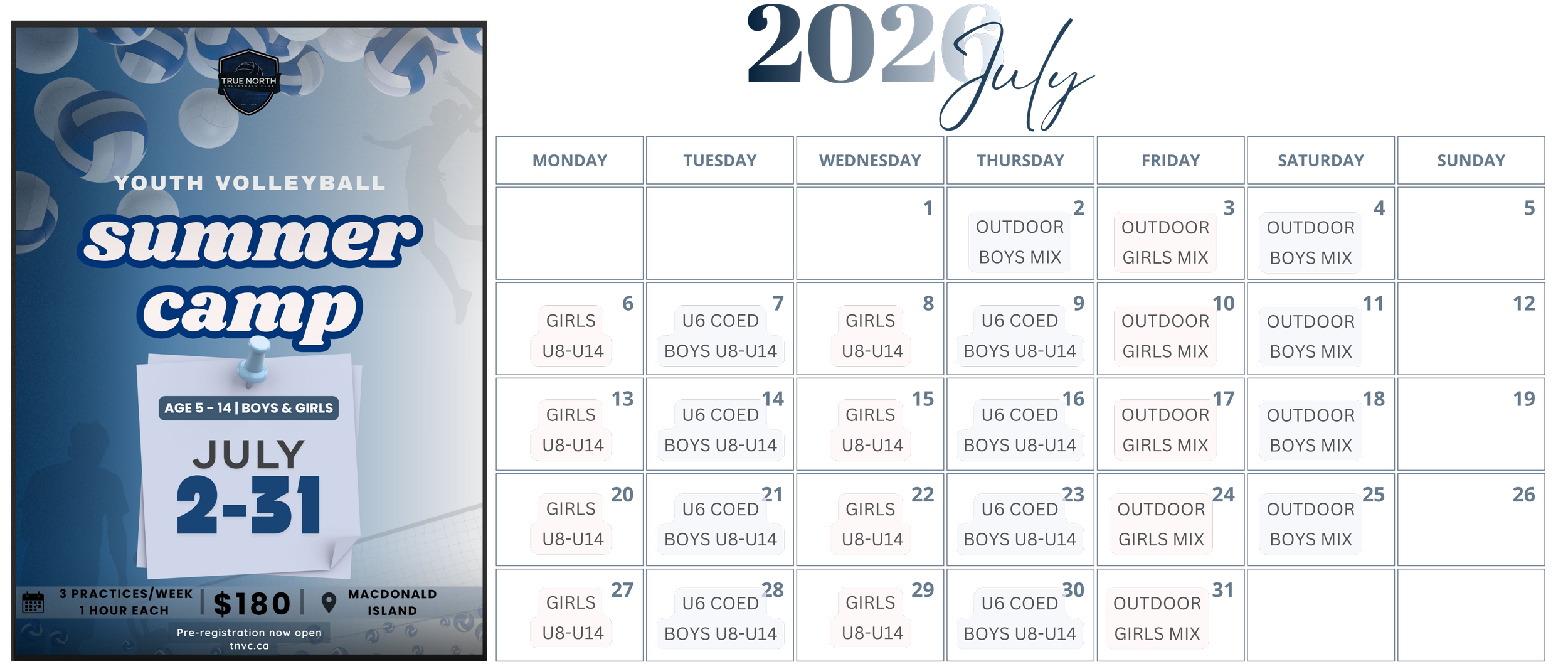 July 2026 youth volleyball summer camp schedule with dates, time, and activities, website, and cost details on the poster.