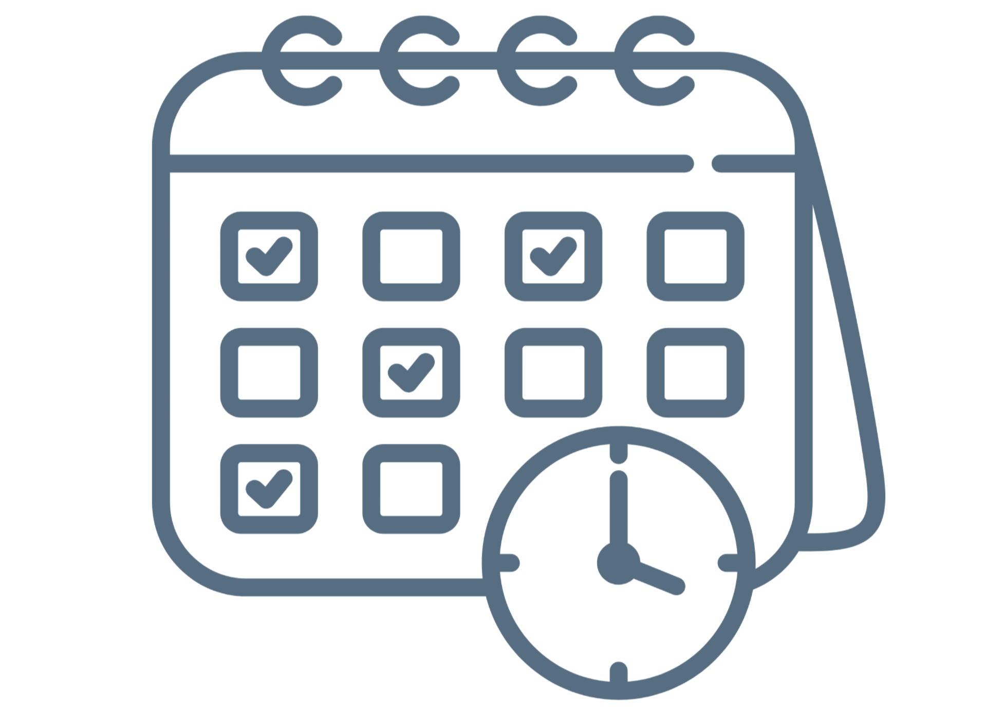 Line drawing of a calendar with check marks and a wristwatch.