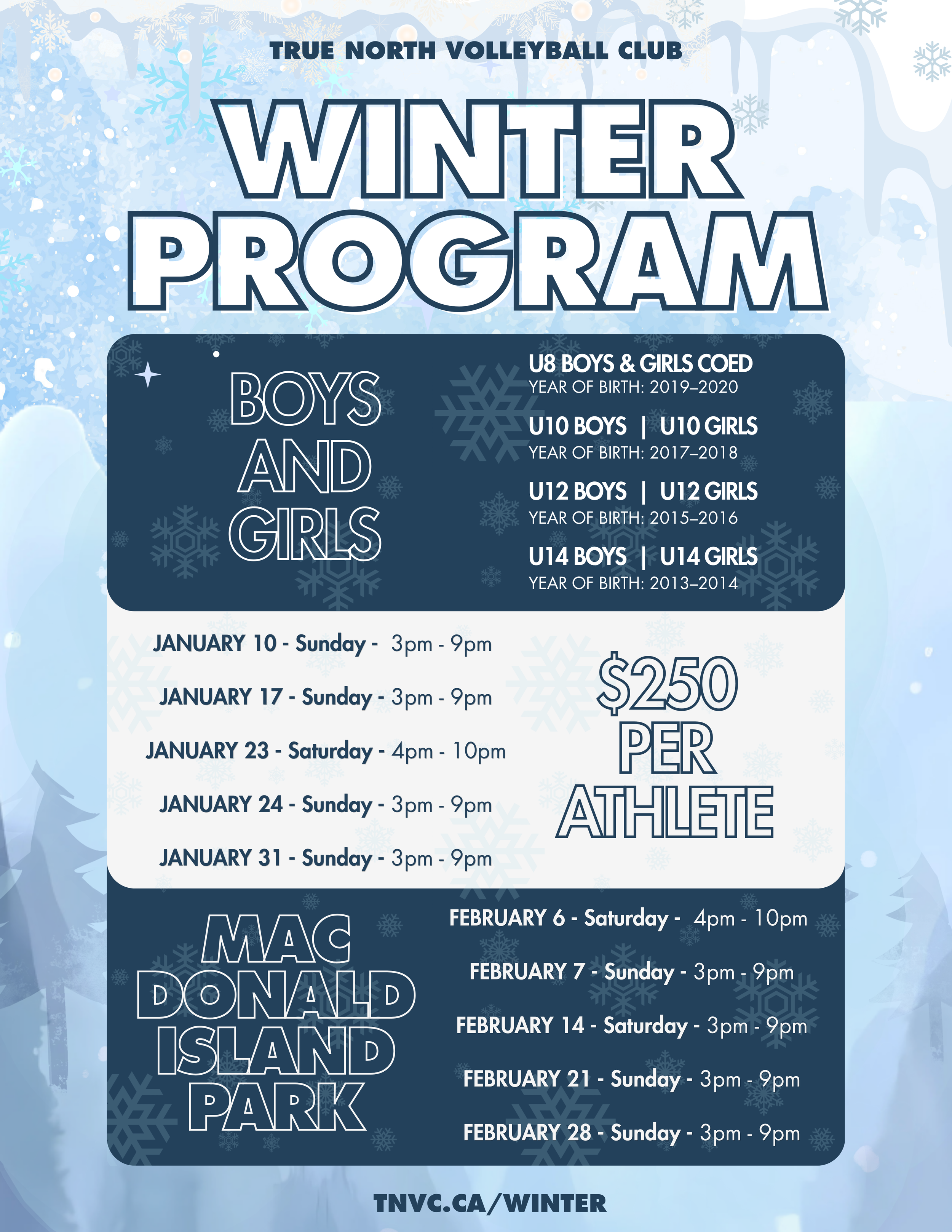 Winter program schedule for True North Volleyball Club featuring various events in January and February, with dates, times, and prices listed, set against a winter-themed background with snowflakes and icy scenery.