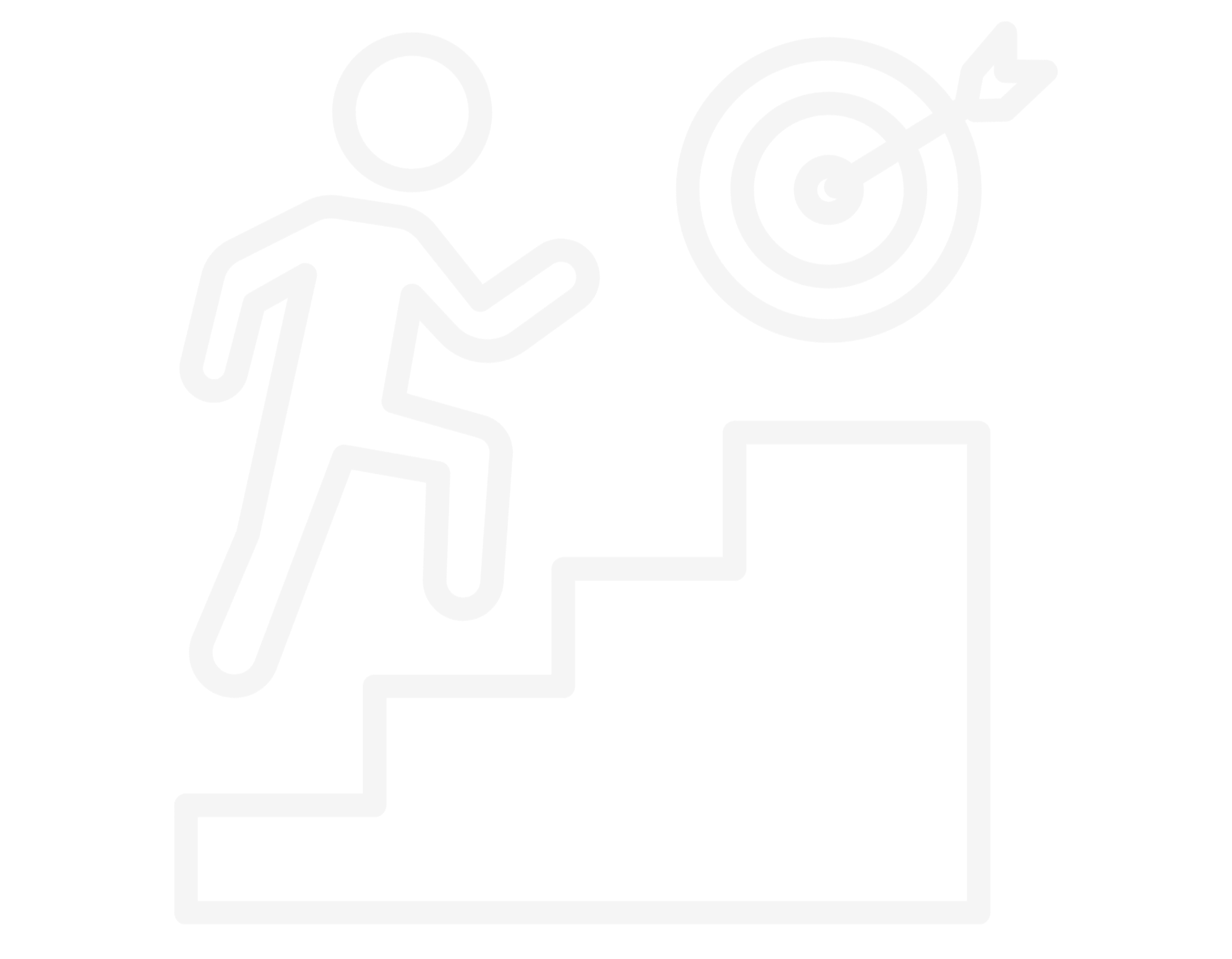 White outline of a person running up stairs towards a target with an arrow hitting the bullseye, all on a black background.