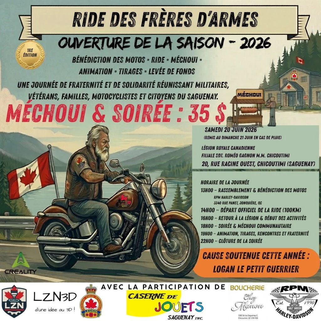 🚀🏍️ ANNONCE OFFICIELLE : RIDE DES FR&Egrave;RES D&rsquo;ARMES 2026 ! 🏍️🇨🇦

V&eacute;t&eacute;rans, militaires, motocyclistes, familles et citoyens, marquez votre calendrier ! Le samedi 20 juin 2026, nous nous rassemblons pour la toute premi&egra