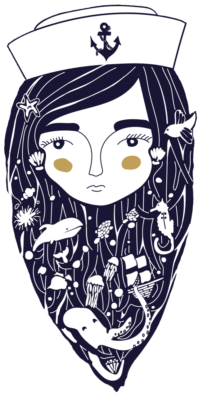 Illustration of a girl's face with a nautical theme, featuring a sailor hat with an anchor, long hair intertwined with sea creatures and plants, including dolphins, fish, jellyfish, an octopus, an anchor, and a ship, in a monochromatic navy blue and white color scheme.