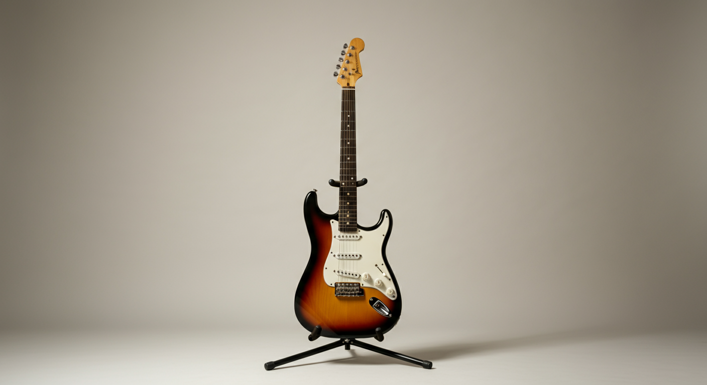 Sunburst electric guitar on a stand against a plain gray background.