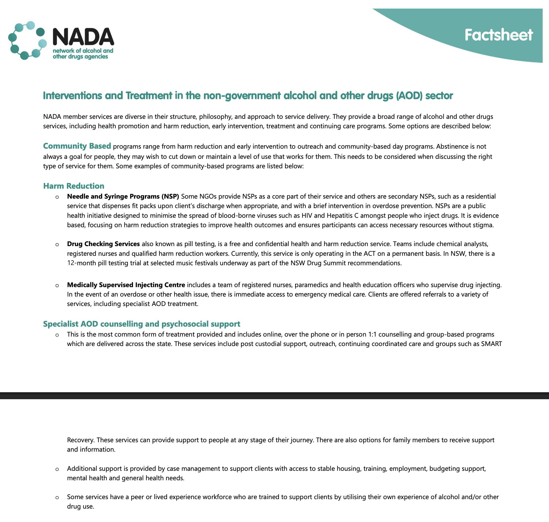 Factsheet: Interventions and Treatment in the non-government alcohol and other drugs (AOD) sector