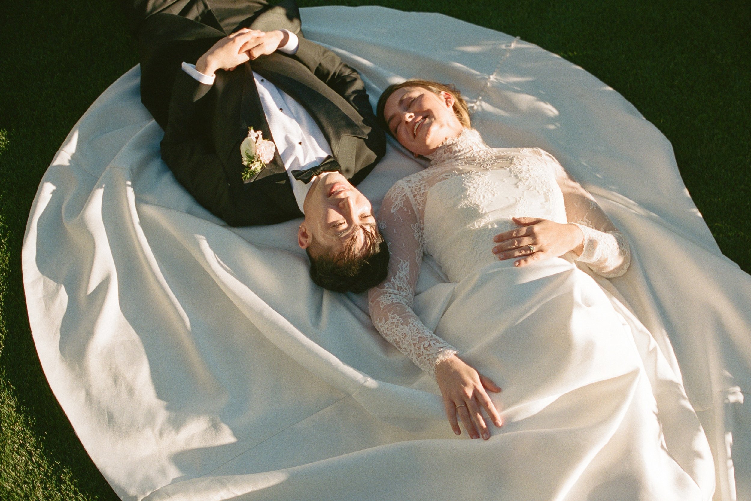 Everline Resort Lake Tahoe wedding with mountain views, couple walking along a scenic outdoor path.