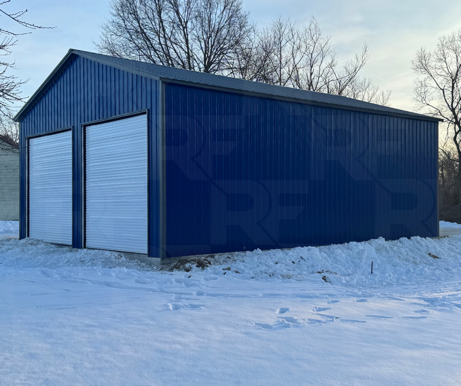 Gray and blue 30x40x14 steel building with vertical siding in New Castle, Indiana