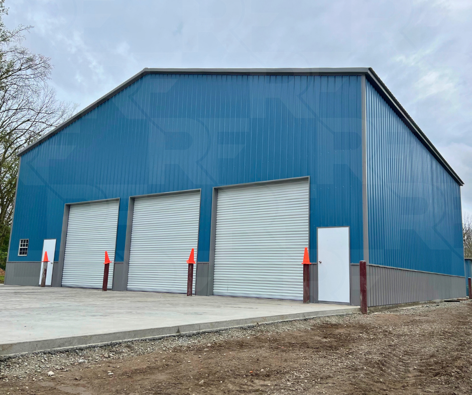 60x60 steel workshop featuring multiple roll-up garage doors