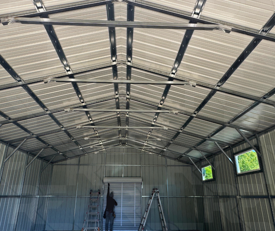Metal garage with 12x10 roll-up door for boat storage