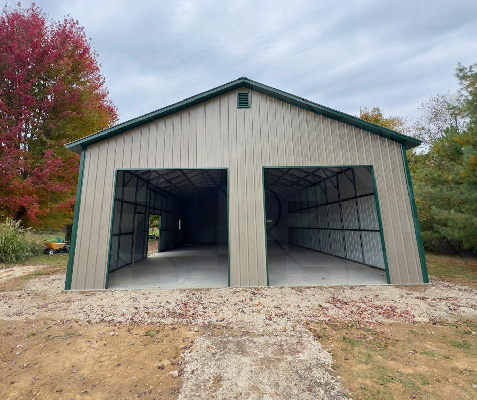 Vertical roof and siding detail on Bellbrook steel building