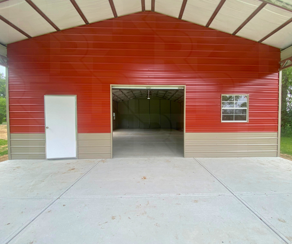 Front view of custom steel garage and workshop with large porch