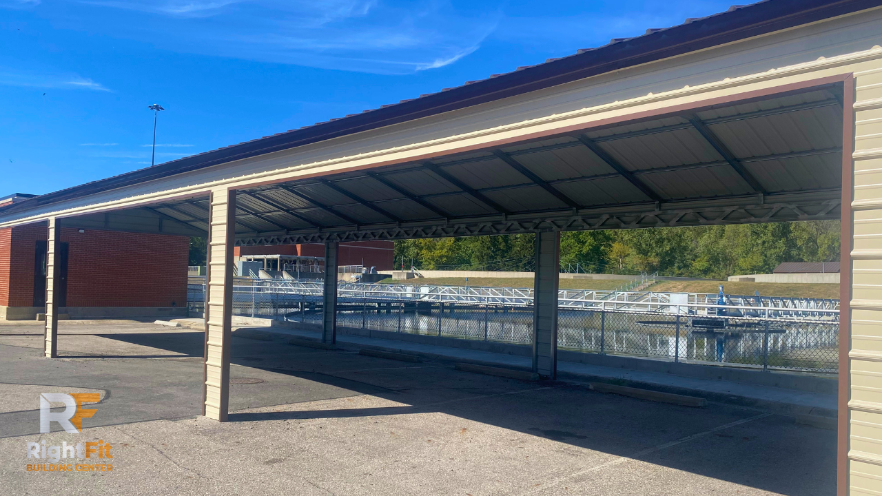 Custom 20×65 steel carport for six vehicles in Hilliard, Ohio.