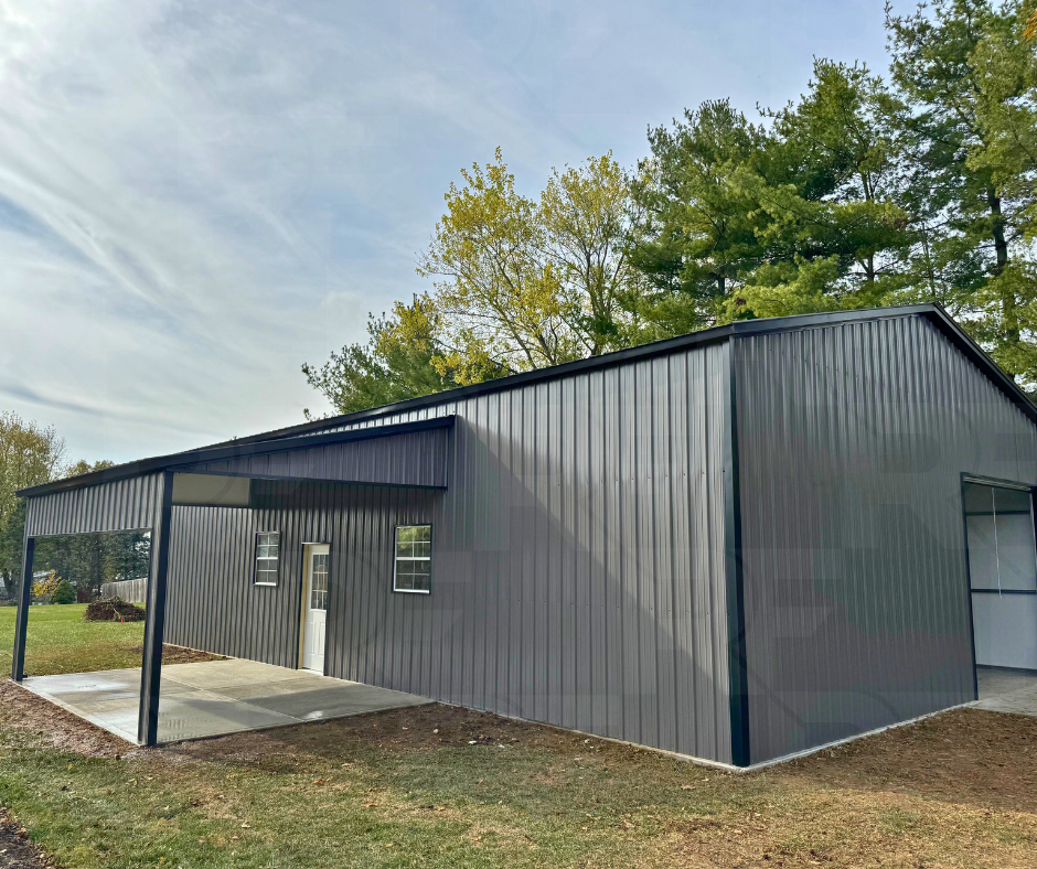 Front corner view of The Forrest Edge 30×50 metal garage in Bellefontaine, Ohio.