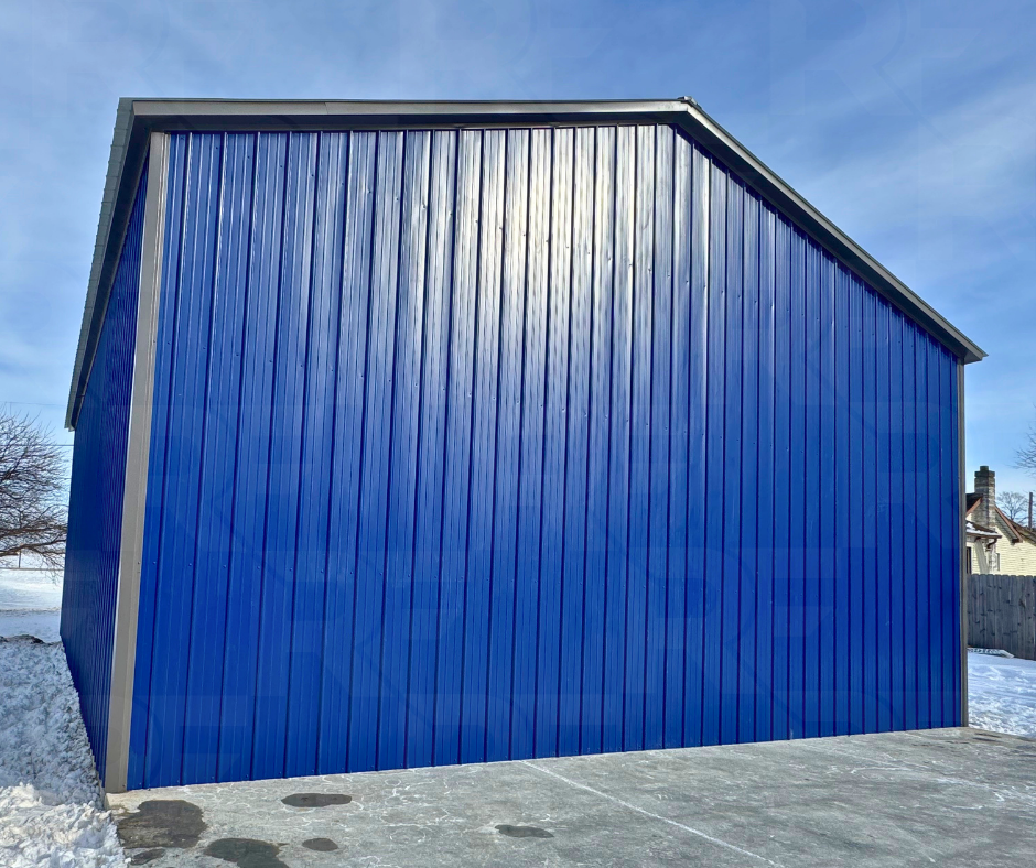Tall RV garage with vertical steel roof and siding