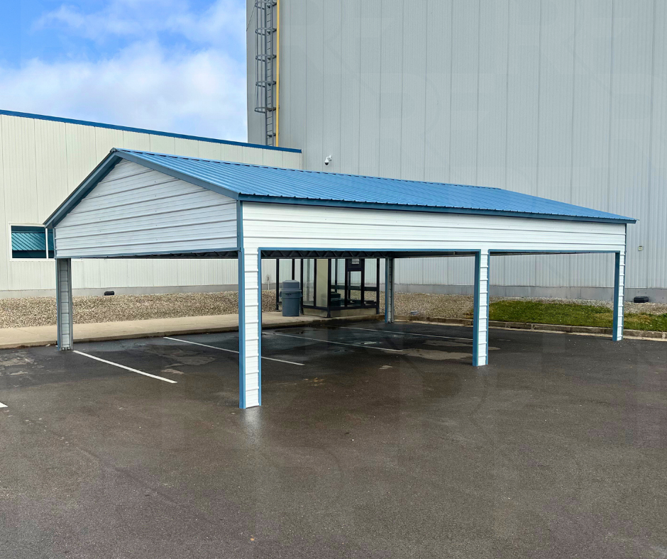 Steel pavilion with Gallery Blue roof and white siding in Fairborn