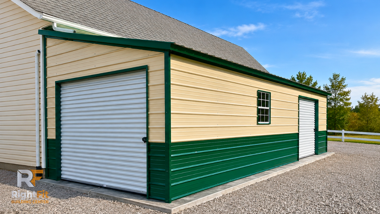 Metal ATV storage addition connected to an existing garage