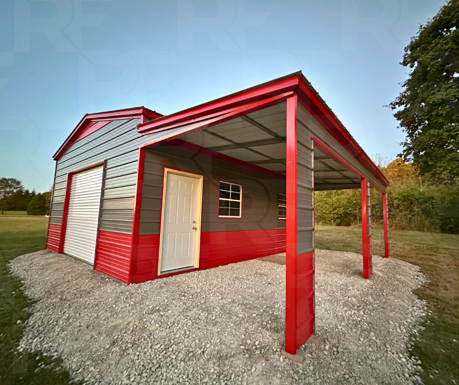Side view showing porch and garage entrance on 20×25×10 steel building