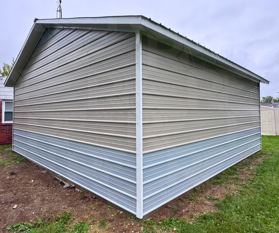 Steel garage with horizontal siding and contrasting lower panels