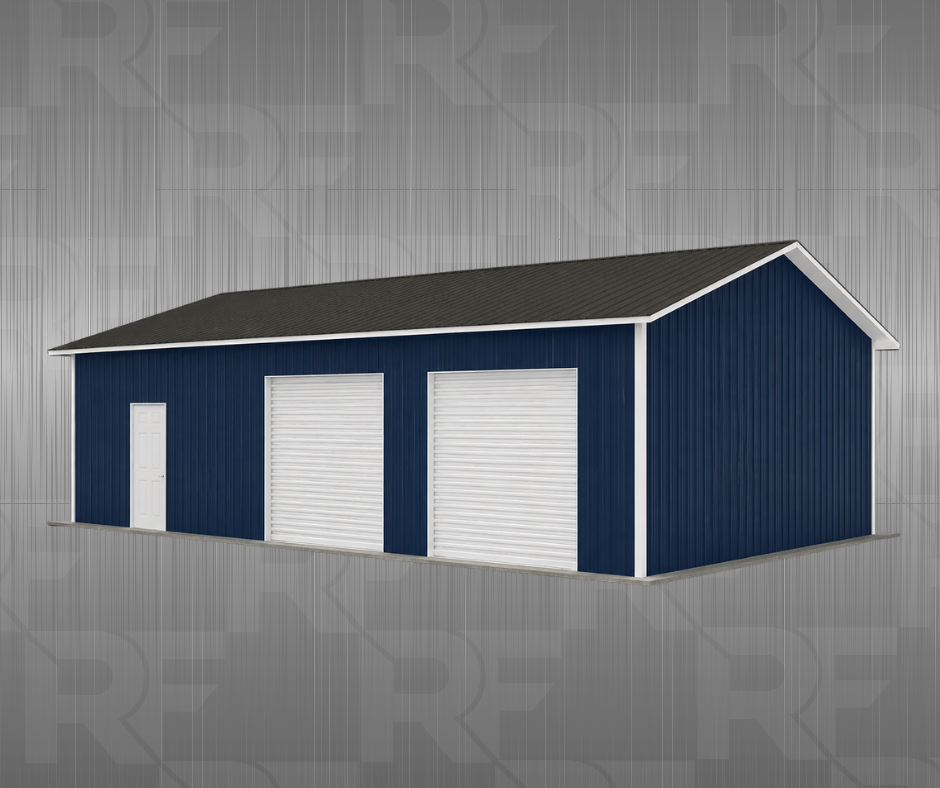 A large blue metal storage building with a gray shingled roof and two white roll-up garage doors, along with a white entry door on the left side.
