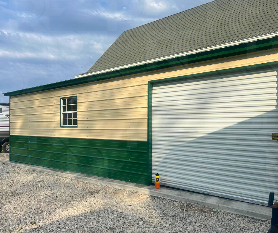 Steel garage annex built onto an existing home