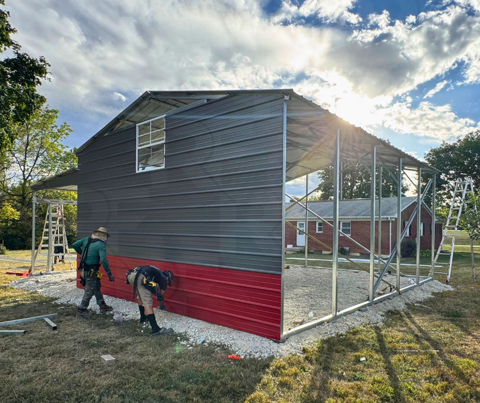 Install of 20×25×10 metal garage with porch by RightFit Building Center