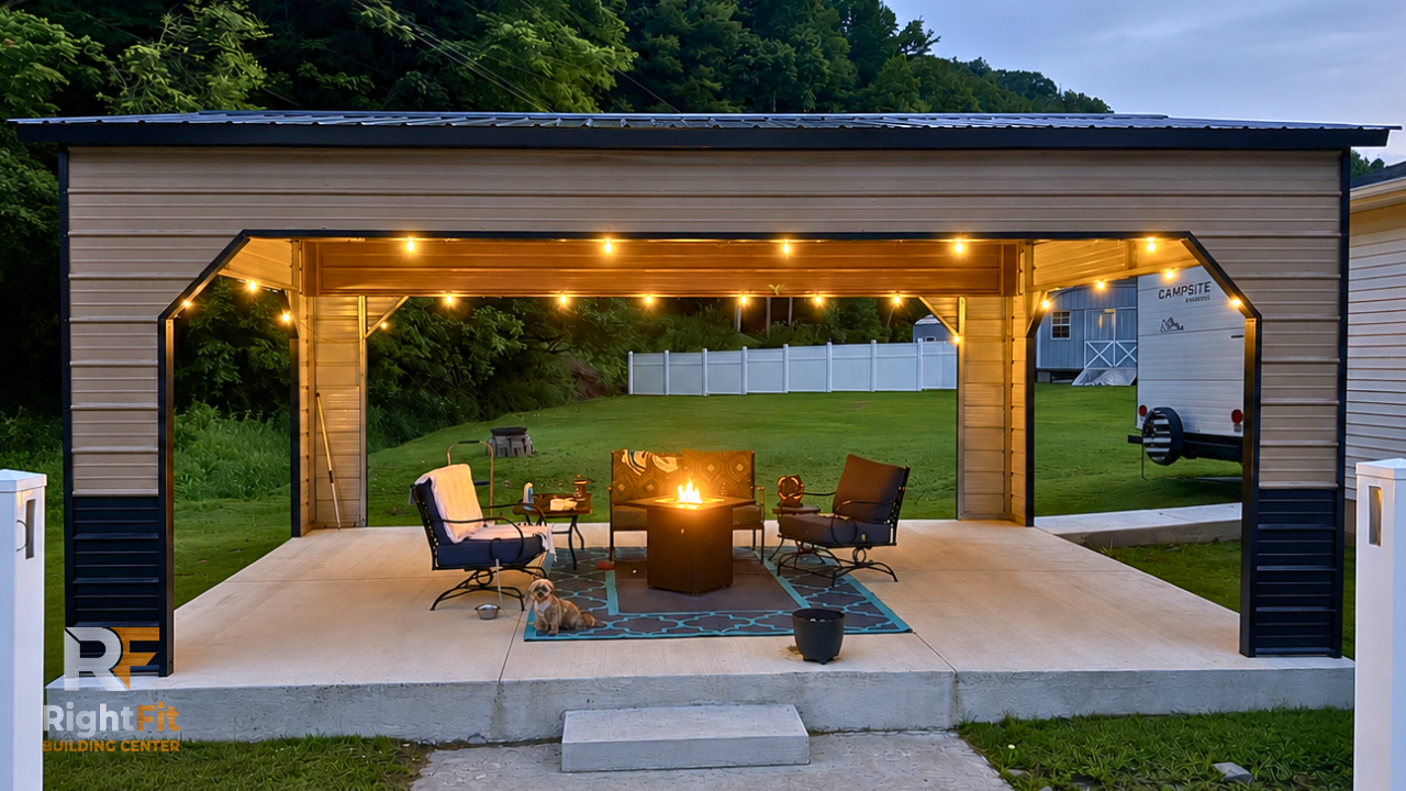 Covered outdoor patio with string lights, seats around a fire pit, and a small dog on a rug, set in a backyard with green grass and trees.