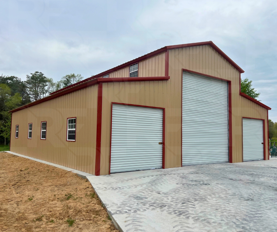 Steel agricultural barn with a raised center roof and enclosed side sections