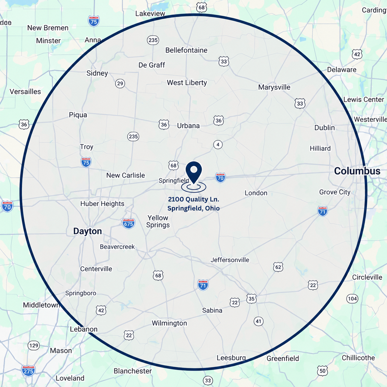 Map showing a circular radius around Springfield, Ohio, centered at 2100 Quality Ln, with surrounding cities including Columbus, Dayton, Lebanon, and others.