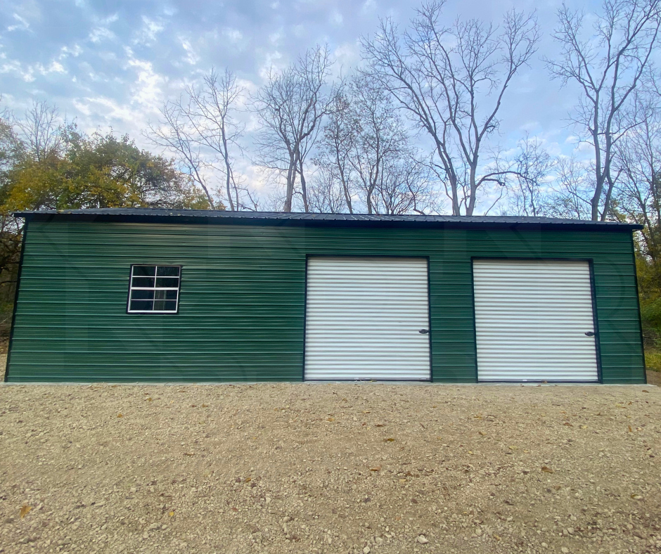 Front view of The Beer Barn metal garage with 10×10 and 8×8 roll-up doors