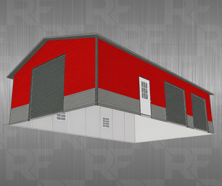 A digital illustration of a red and gray warehouse building with three large gray roll-up doors and a white door with glass panels, set against a gray background.