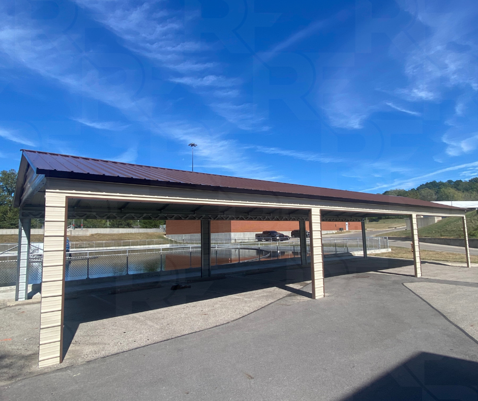 Steel carport designed to protect cars, trucks, and SUVs from the weather.