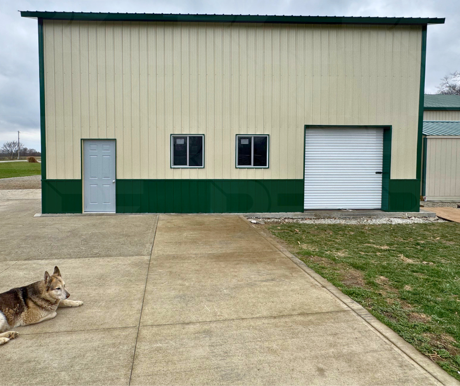 Side entrance and windows on custom metal shop