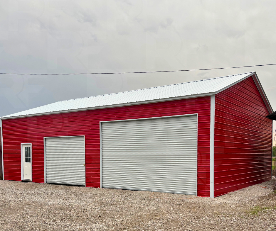 Red and white 30x40 metal garage with one 16x10 roll-up door, one 8x8 roll-up door, and a walk door.