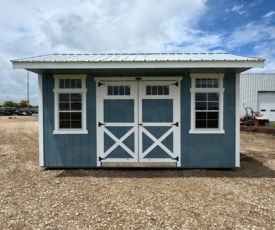 10x16 shed, blue and white lot model in Springfield Ohio