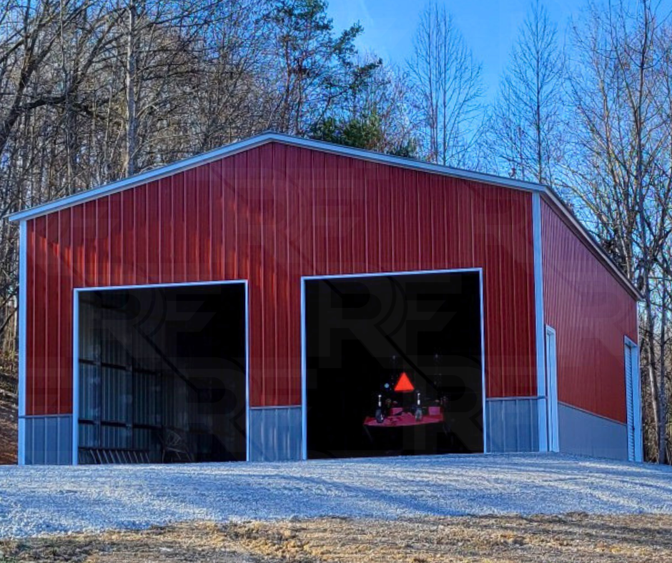 Custom metal garage with vertical wainscot and 14-foot leg height.