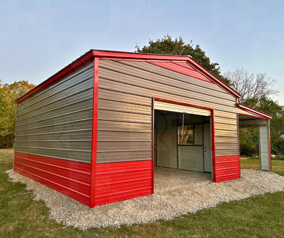 Front view of 20×25×10 metal garage with porch by RightFit Building Center