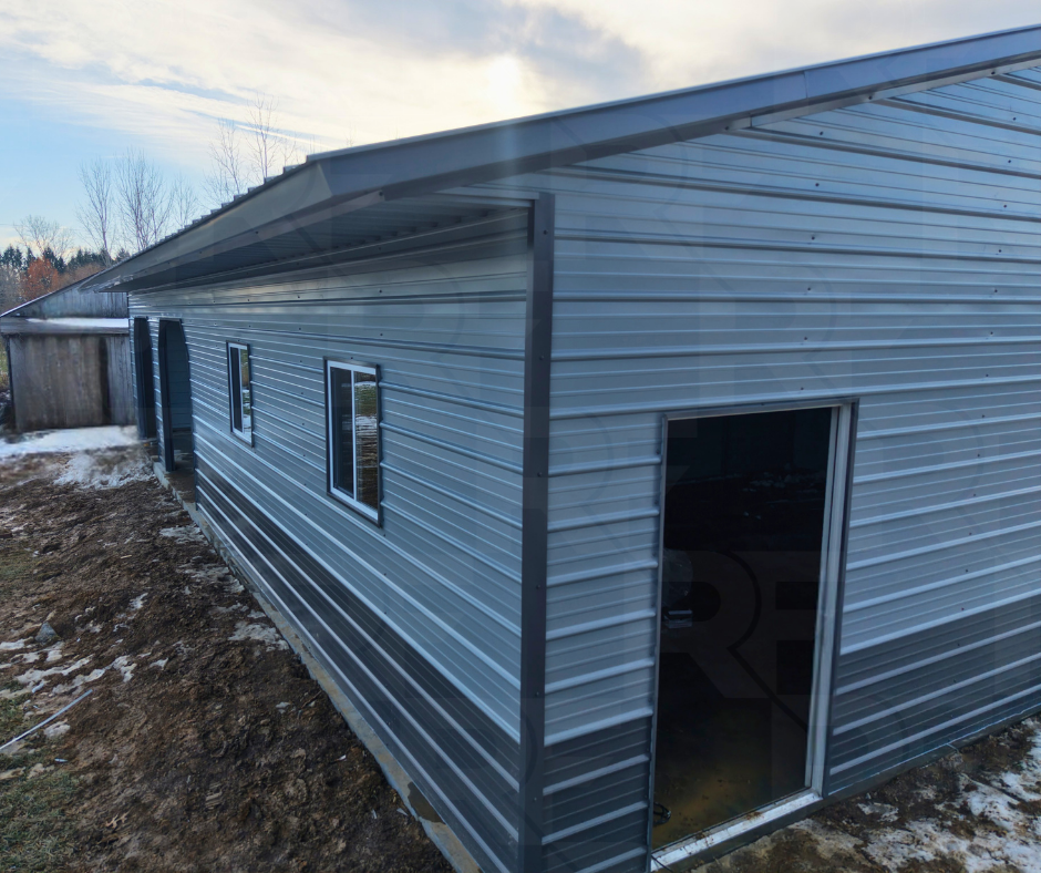 Side view of custom steel garage with extended overhang in Johnstown, Ohio