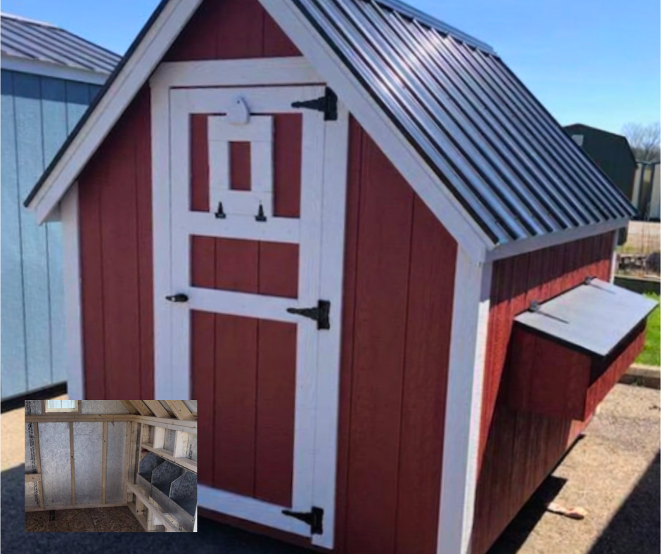 A red and white wooden chicken coop with a sloped metal roof, a small window, and a chicken door. An inset shows the inside with nesting boxes and roosts.