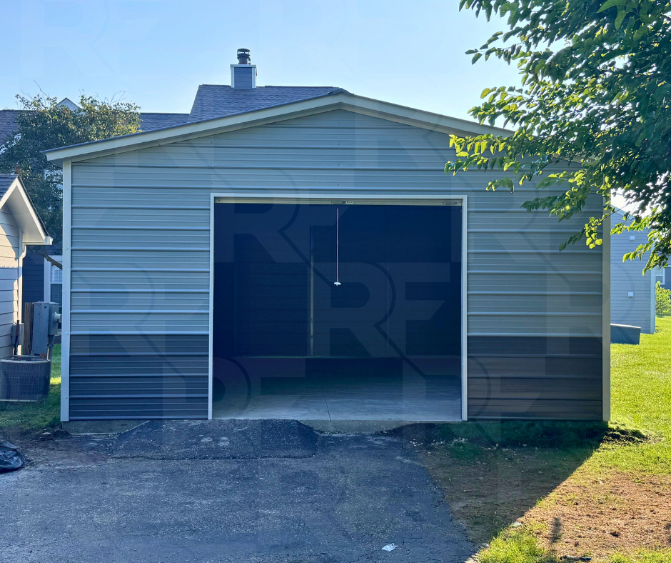 Front view of a completed 20x25 steel garage with 8x8 roll-up door in Centerville, Ohio