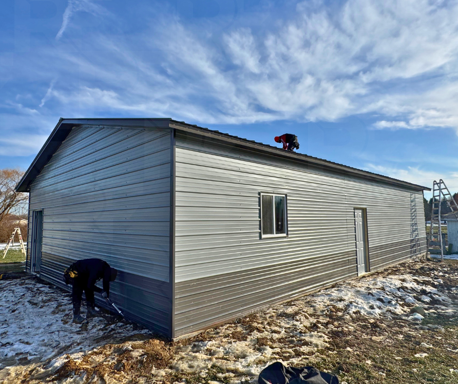 30×50×10 metal garage in Johnstown, Ohio during installation