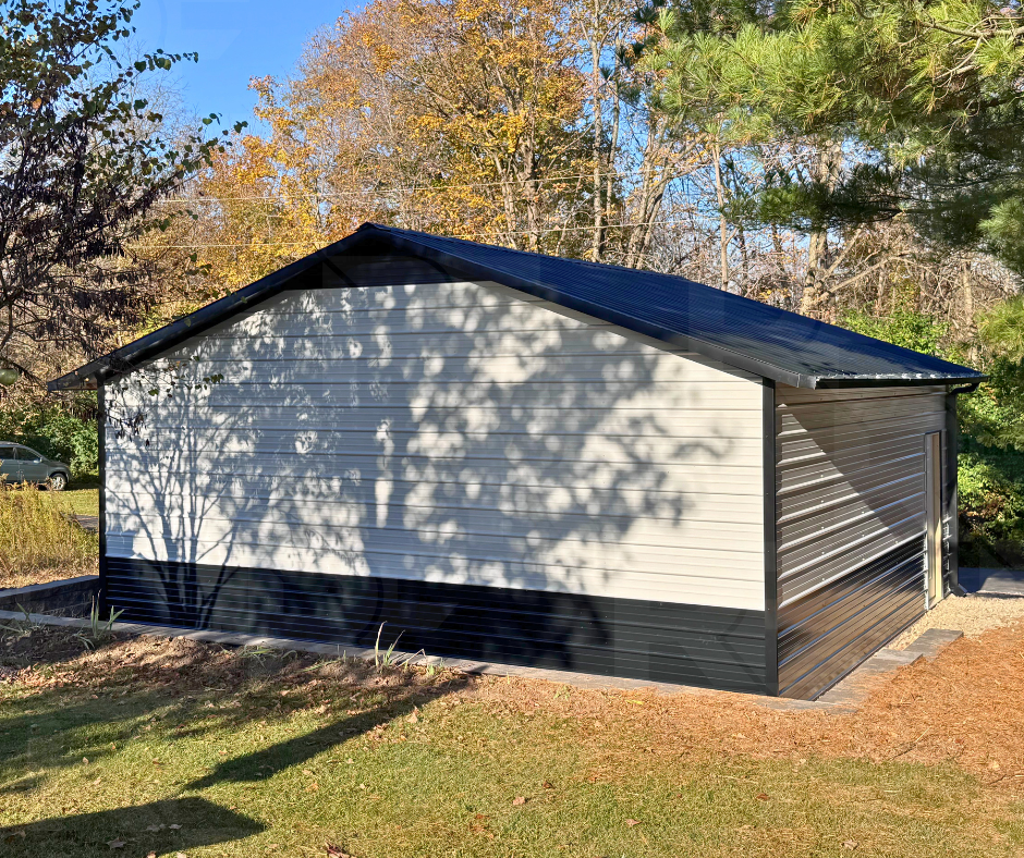 Two-car metal garage with 8x8 roll-up doors