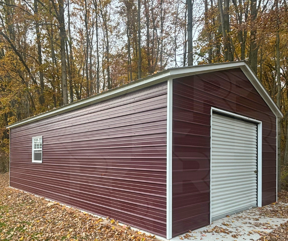 Burgandy 18x30 metal garage with white trim and a 10x8 roll door.