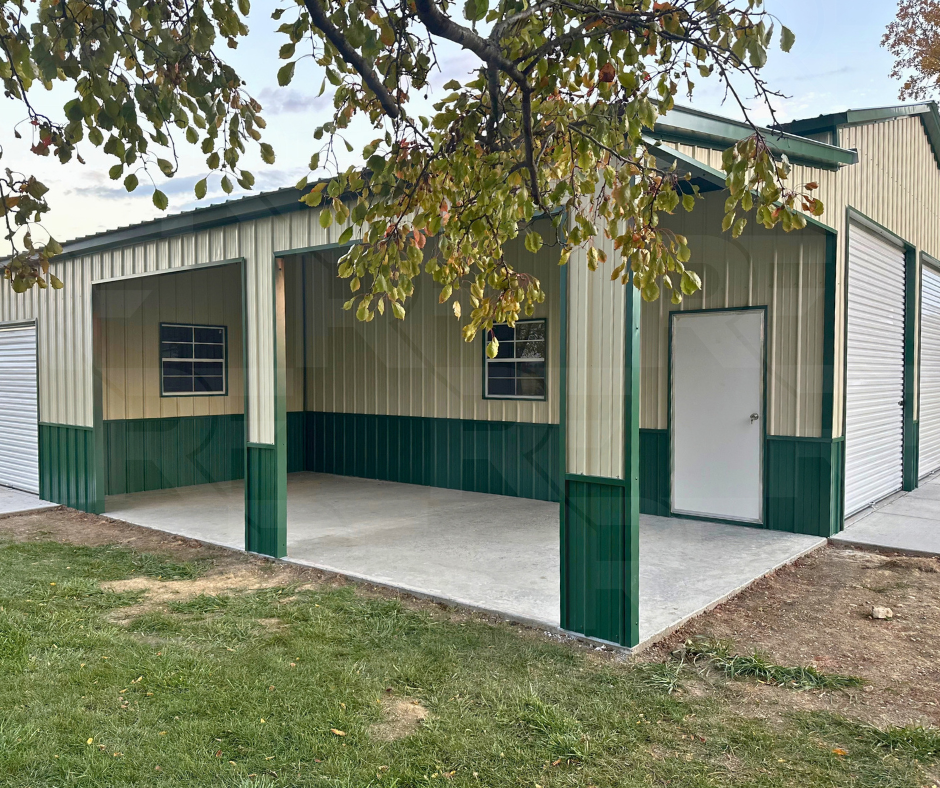 The Corner Shop steel garage with covered porch and enclosed storage