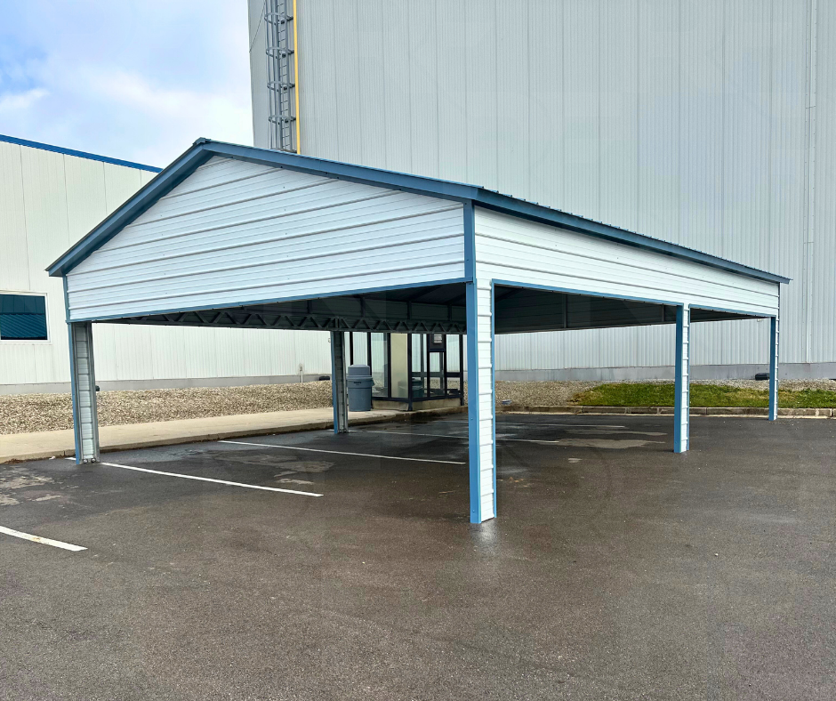 Commercial steel pavilion with extended gabled ends
